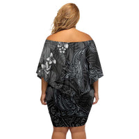 Hawaiian Tropical Plants and Tribal Whales Off Shoulder Short Dress Polynesian Art Tattoo Grayscale LT03 - Polynesian Pride