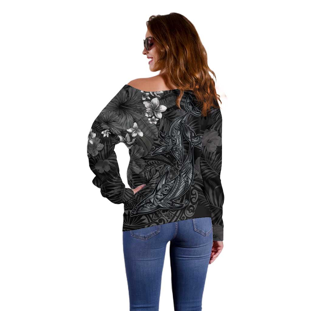 Hawaiian Tropical Plants and Tribal Whales Off Shoulder Sweater Polynesian Art Tattoo Grayscale