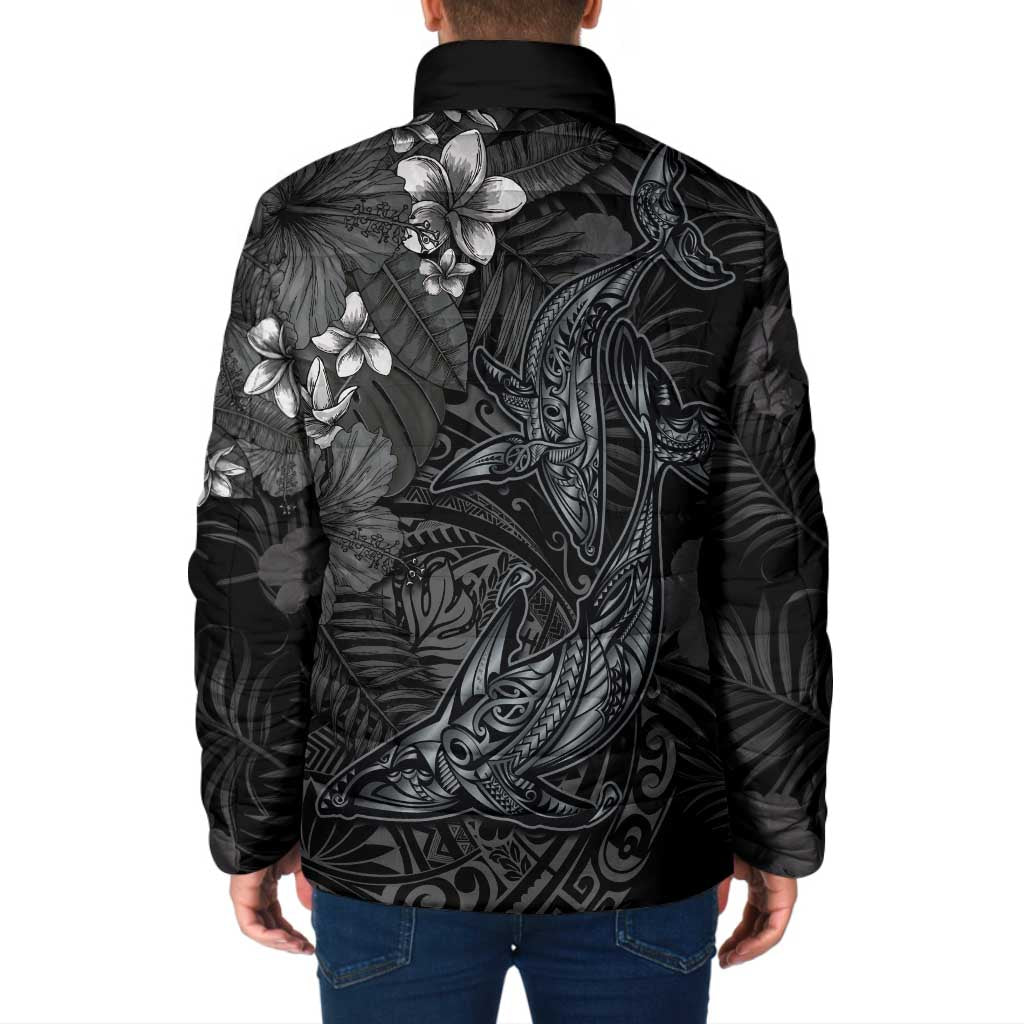Hawaiian Tropical Plants and Tribal Whales Padded Jacket Polynesian Art Tattoo Grayscale