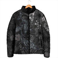 Hawaiian Tropical Plants and Tribal Whales Padded Jacket Polynesian Art Tattoo Grayscale