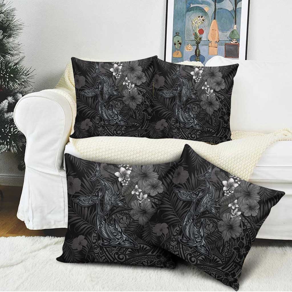 Hawaiian Tropical Plants and Tribal Whales Pillow Cover Polynesian Art Tattoo Grayscale LT03 - Polynesian Pride