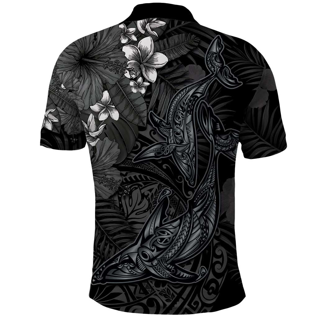 Hawaiian Tropical Plants and Tribal Whales Polo Shirt Polynesian Art Tattoo Grayscale LT03 - Polynesian Pride