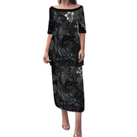 Hawaiian Tropical Plants and Tribal Whales Puletasi Polynesian Art Tattoo Grayscale LT03 Long Dress Black - Polynesian Pride