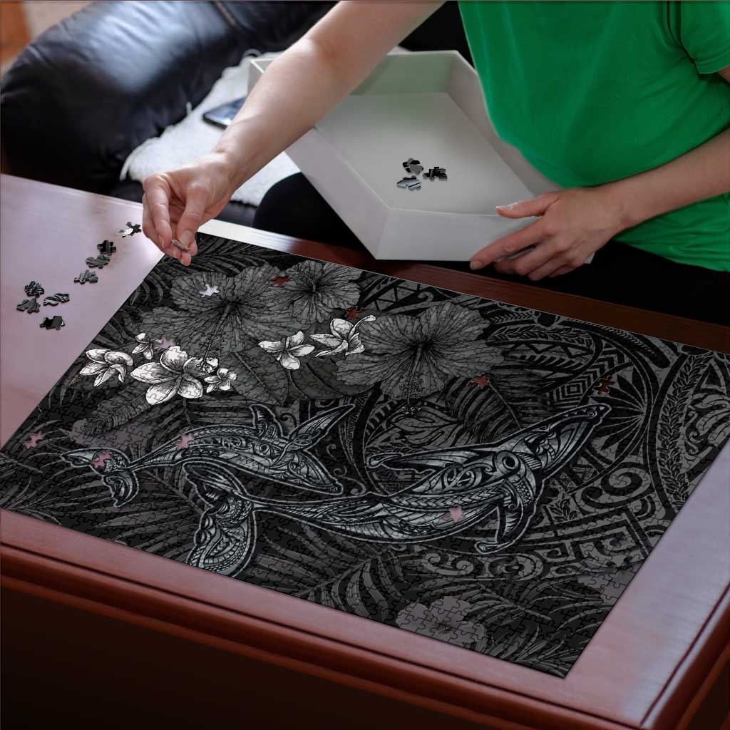 Hawaiian Tropical Plants and Tribal Whales Puzzle Polynesian Art Tattoo Grayscale