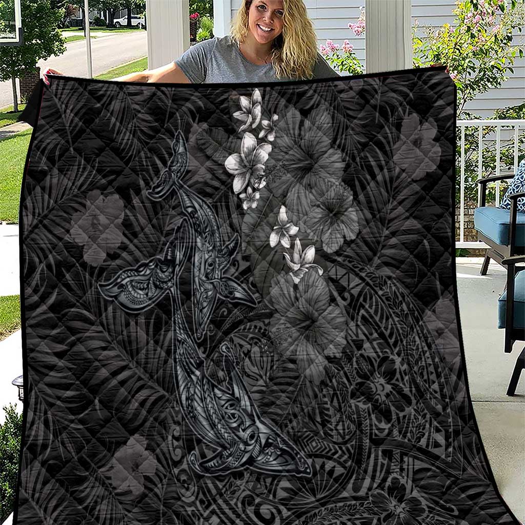 Hawaiian Tropical Plants and Tribal Whales Quilt Polynesian Art Tattoo Grayscale