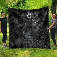 Hawaiian Tropical Plants and Tribal Whales Quilt Polynesian Art Tattoo Grayscale