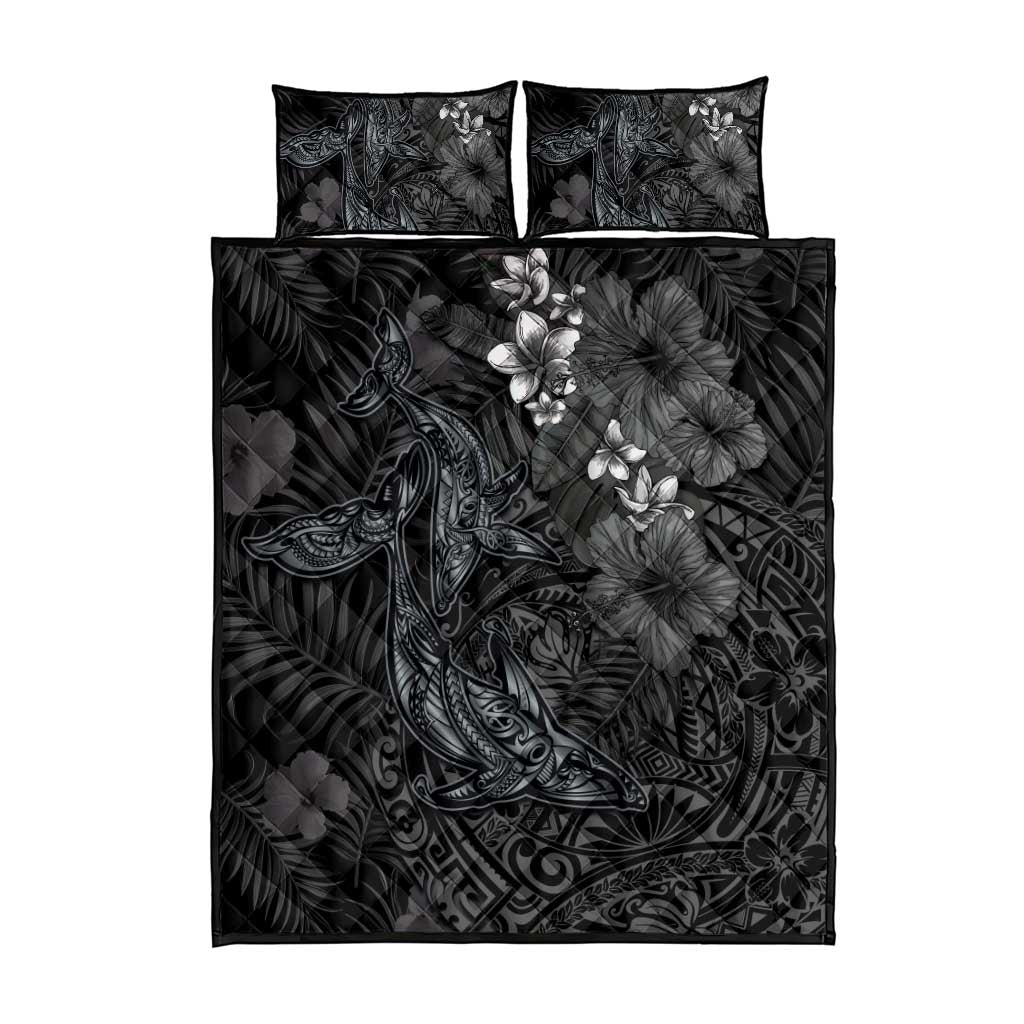 Hawaiian Tropical Plants and Tribal Whales Quilt Bed Set Polynesian Art Tattoo Grayscale