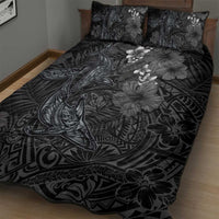 Hawaiian Tropical Plants and Tribal Whales Quilt Bed Set Polynesian Art Tattoo Grayscale