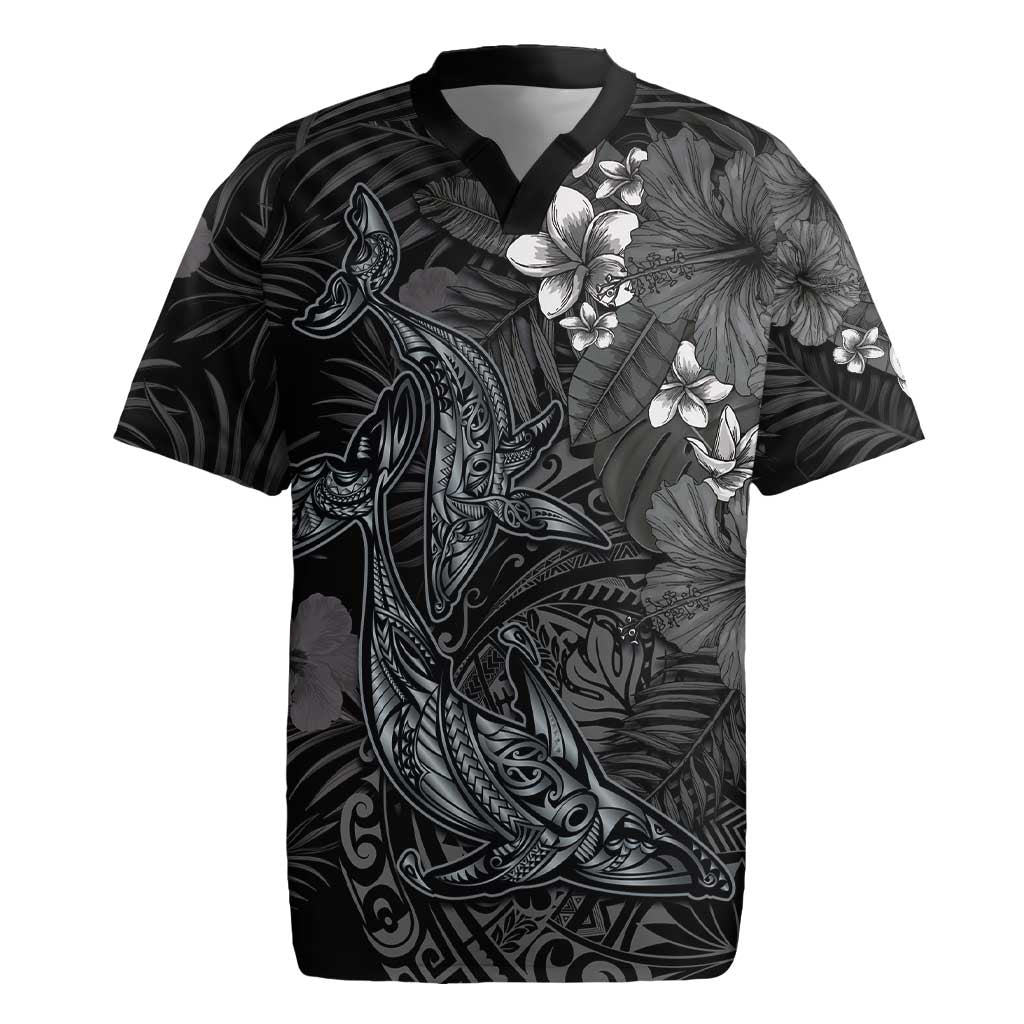 Hawaiian Tropical Plants and Tribal Whales Rugby Jersey Polynesian Art Tattoo Grayscale LT03 Black - Polynesian Pride