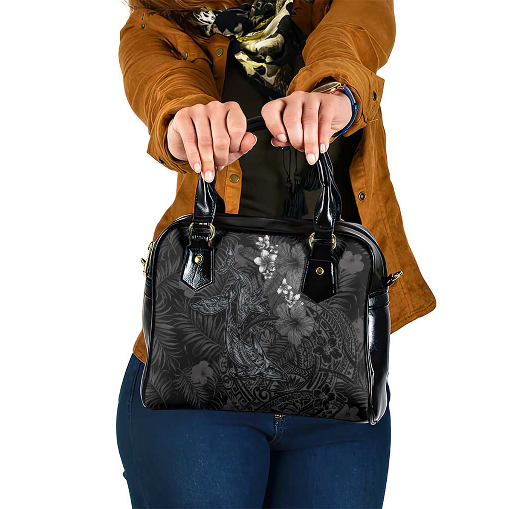 Hawaiian Tropical Plants and Tribal Whales Shoulder Handbag Polynesian Art Tattoo Grayscale LT03 One Size Black - Polynesian Pride