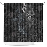 Hawaiian Tropical Plants and Tribal Whales Shower Curtain Polynesian Art Tattoo Grayscale LT03 Black - Polynesian Pride