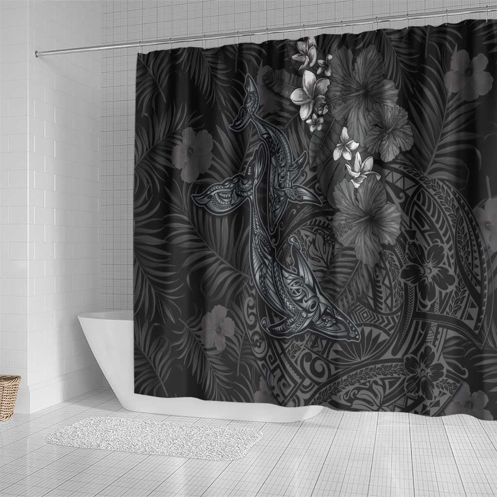 Hawaiian Tropical Plants and Tribal Whales Shower Curtain Polynesian Art Tattoo Grayscale LT03 - Polynesian Pride