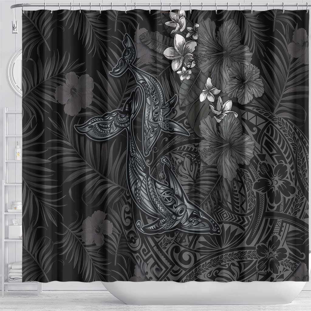 Hawaiian Tropical Plants and Tribal Whales Shower Curtain Polynesian Art Tattoo Grayscale LT03 - Polynesian Pride