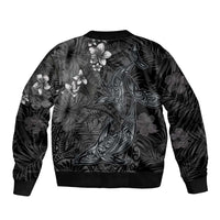 Hawaiian Tropical Plants and Tribal Whales Sleeve Zip Bomber Jacket Polynesian Art Tattoo Grayscale