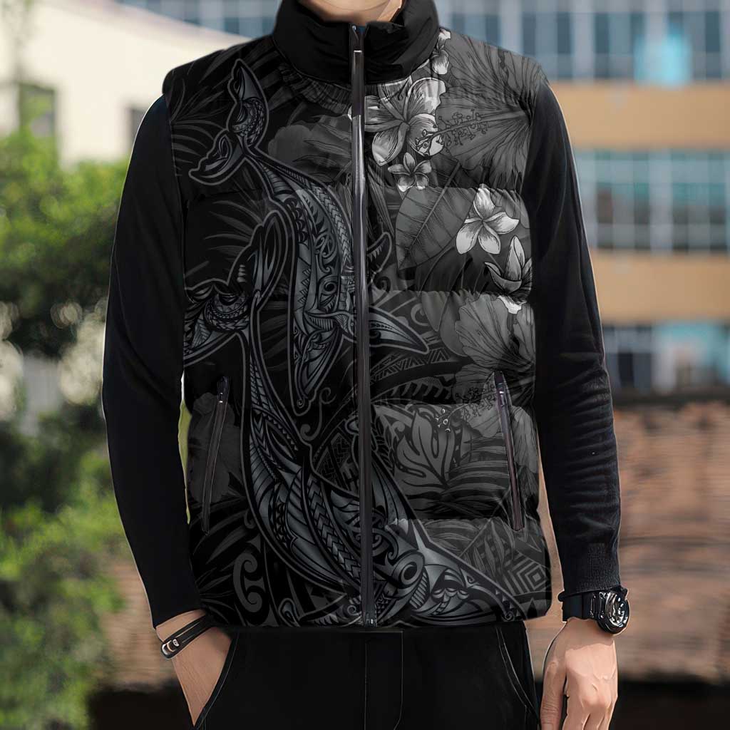 Hawaiian Tropical Plants and Tribal Whales Sleeveless Puffer Jacket Polynesian Art Tattoo Grayscale