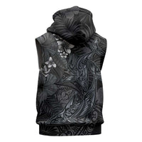 Hawaiian Tropical Plants and Tribal Whales Sleeveless Zip Hoodie Polynesian Art Tattoo Grayscale LT03 - Polynesian Pride