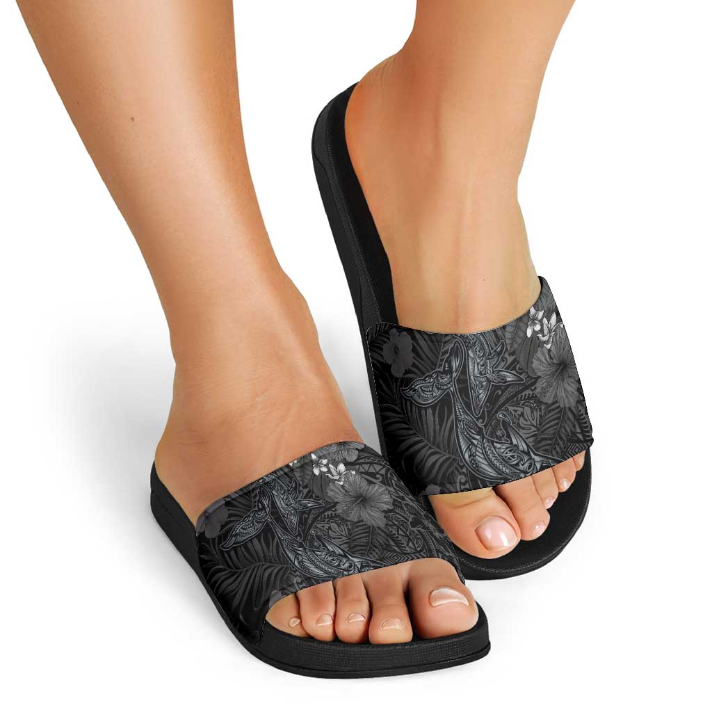 Hawaiian Tropical Plants and Tribal Whales Slide Sandals Polynesian Art Tattoo Grayscale