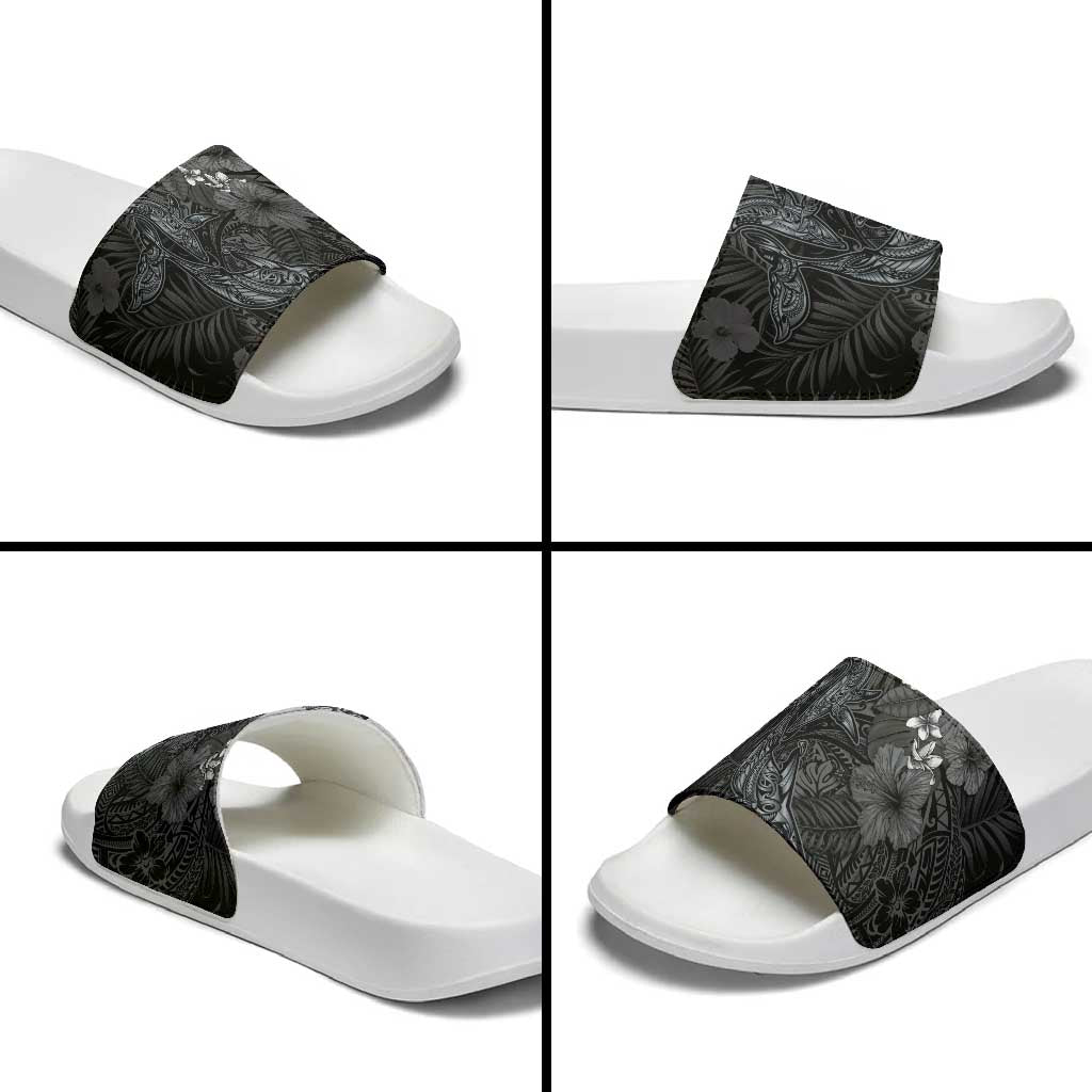 Hawaiian Tropical Plants and Tribal Whales Slide Sandals Polynesian Art Tattoo Grayscale