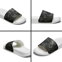 Hawaiian Tropical Plants and Tribal Whales Slide Sandals Polynesian Art Tattoo Grayscale