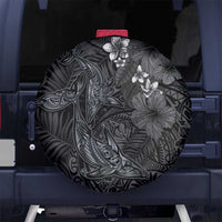 Hawaiian Tropical Plants and Tribal Whales Spare Tire Cover Polynesian Art Tattoo Grayscale LT03 No hole Black - Polynesian Pride