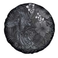 Hawaiian Tropical Plants and Tribal Whales Spare Tire Cover Polynesian Art Tattoo Grayscale LT03 - Polynesian Pride