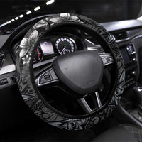 Hawaiian Tropical Plants and Tribal Whales Steering Wheel Cover Polynesian Art Tattoo Grayscale LT03 Universal Fit Black - Polynesian Pride