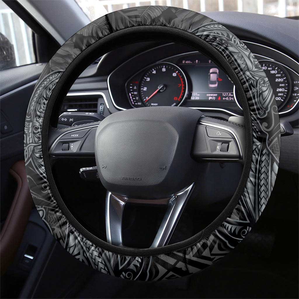 Hawaiian Tropical Plants and Tribal Whales Steering Wheel Cover Polynesian Art Tattoo Grayscale LT03 - Polynesian Pride