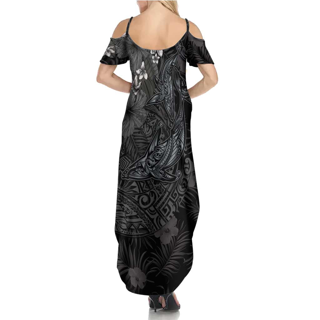 Hawaiian Tropical Plants and Tribal Whales Summer Maxi Dress Polynesian Art Tattoo Grayscale LT03 - Polynesian Pride
