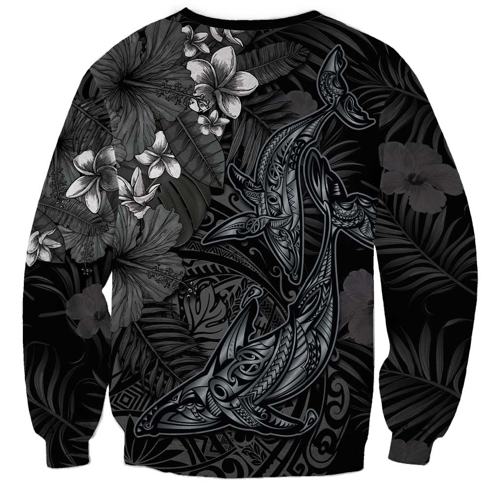 Hawaiian Tropical Plants and Tribal Whales Sweatshirt Polynesian Art Tattoo Grayscale