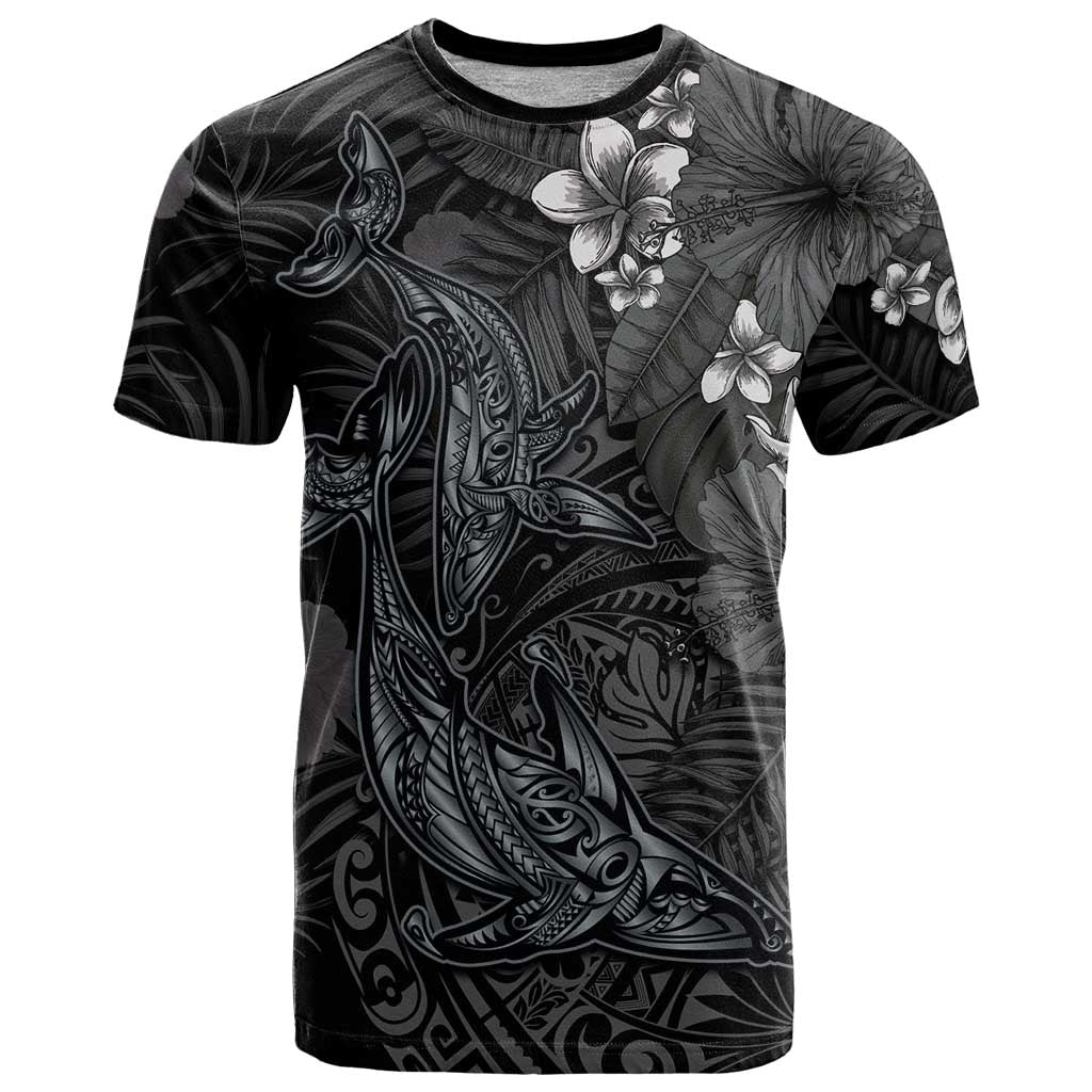 Hawaiian Tropical Plants and Tribal Whales T Shirt Polynesian Art Tattoo Grayscale LT03 Black - Polynesian Pride