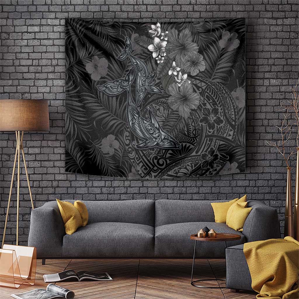 Hawaiian Tropical Plants and Tribal Whales Tapestry Polynesian Art Tattoo Grayscale LT03 Black - Polynesian Pride