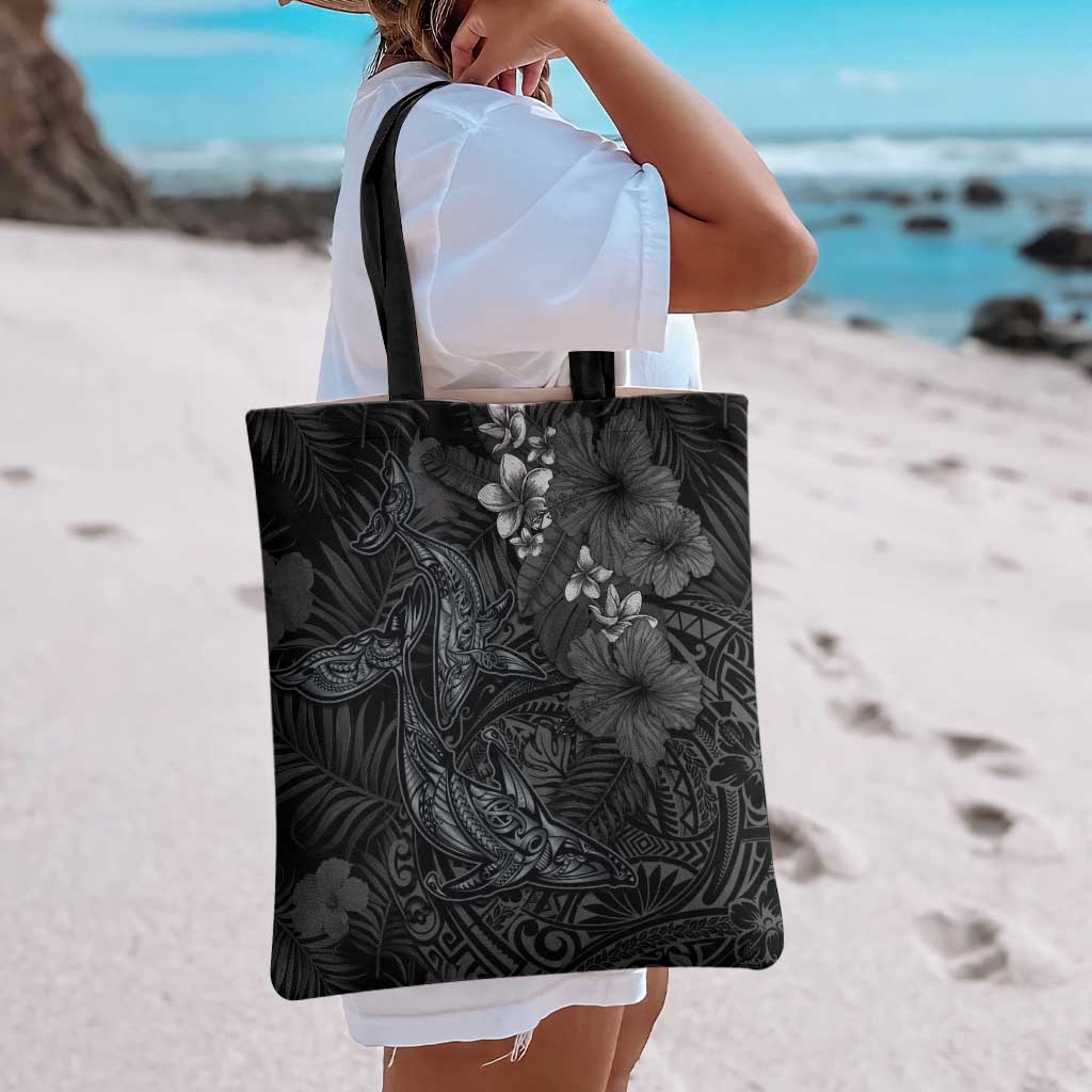 Hawaiian Tropical Plants and Tribal Whales Tote Bag Polynesian Art Tattoo Grayscale LT03 - Polynesian Pride