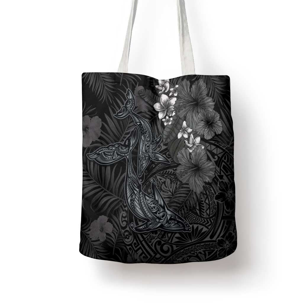 Hawaiian Tropical Plants and Tribal Whales Tote Bag Polynesian Art Tattoo Grayscale LT03 - Polynesian Pride