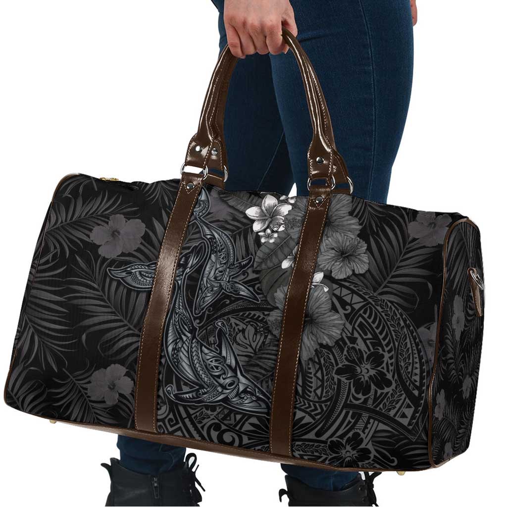 Hawaiian Tropical Plants and Tribal Whales Travel Bag Polynesian Art Tattoo Grayscale
