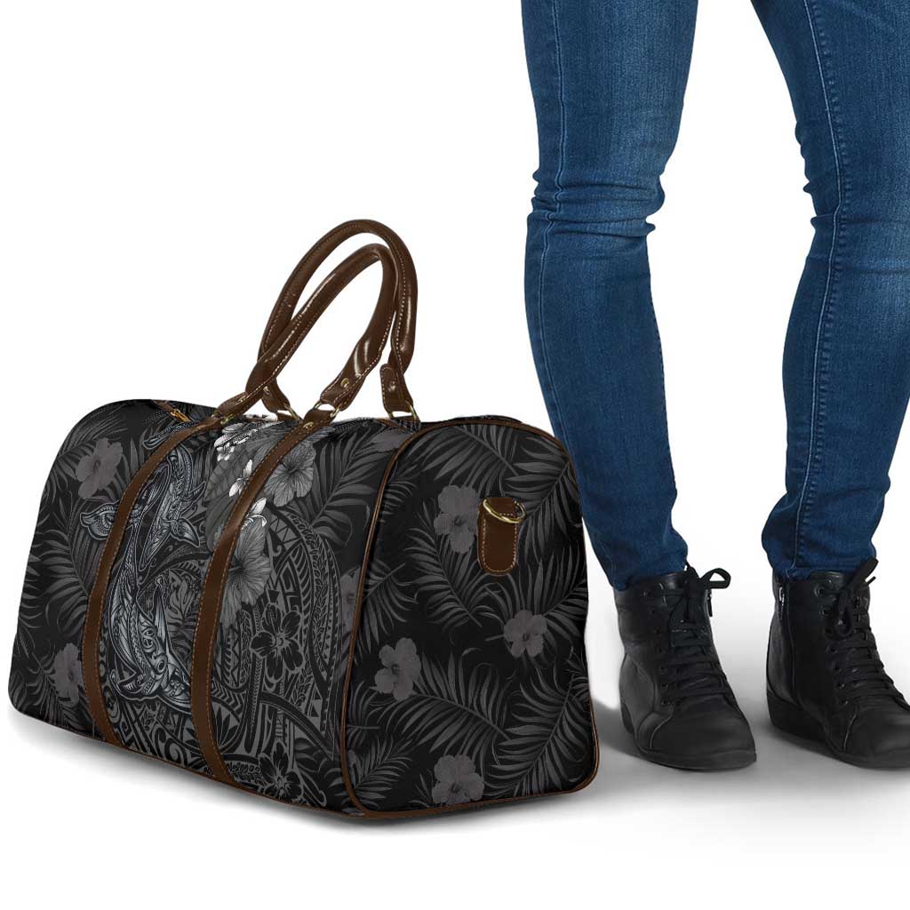 Hawaiian Tropical Plants and Tribal Whales Travel Bag Polynesian Art Tattoo Grayscale