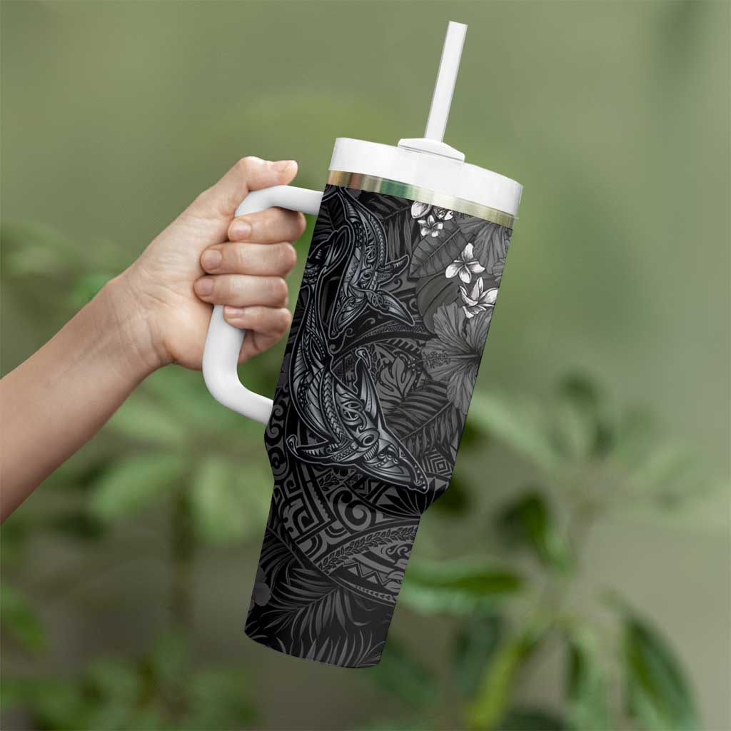 Hawaiian Tropical Plants and Tribal Whales Tumbler With Handle Polynesian Art Tattoo Grayscale LT03 - Polynesian Pride