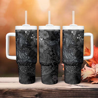 Hawaiian Tropical Plants and Tribal Whales Tumbler With Handle Polynesian Art Tattoo Grayscale LT03 - Polynesian Pride