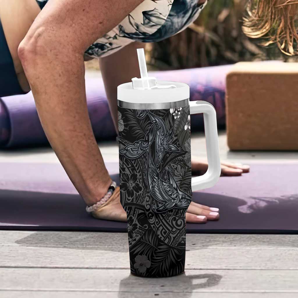 Hawaiian Tropical Plants and Tribal Whales Tumbler With Handle Polynesian Art Tattoo Grayscale LT03 - Polynesian Pride