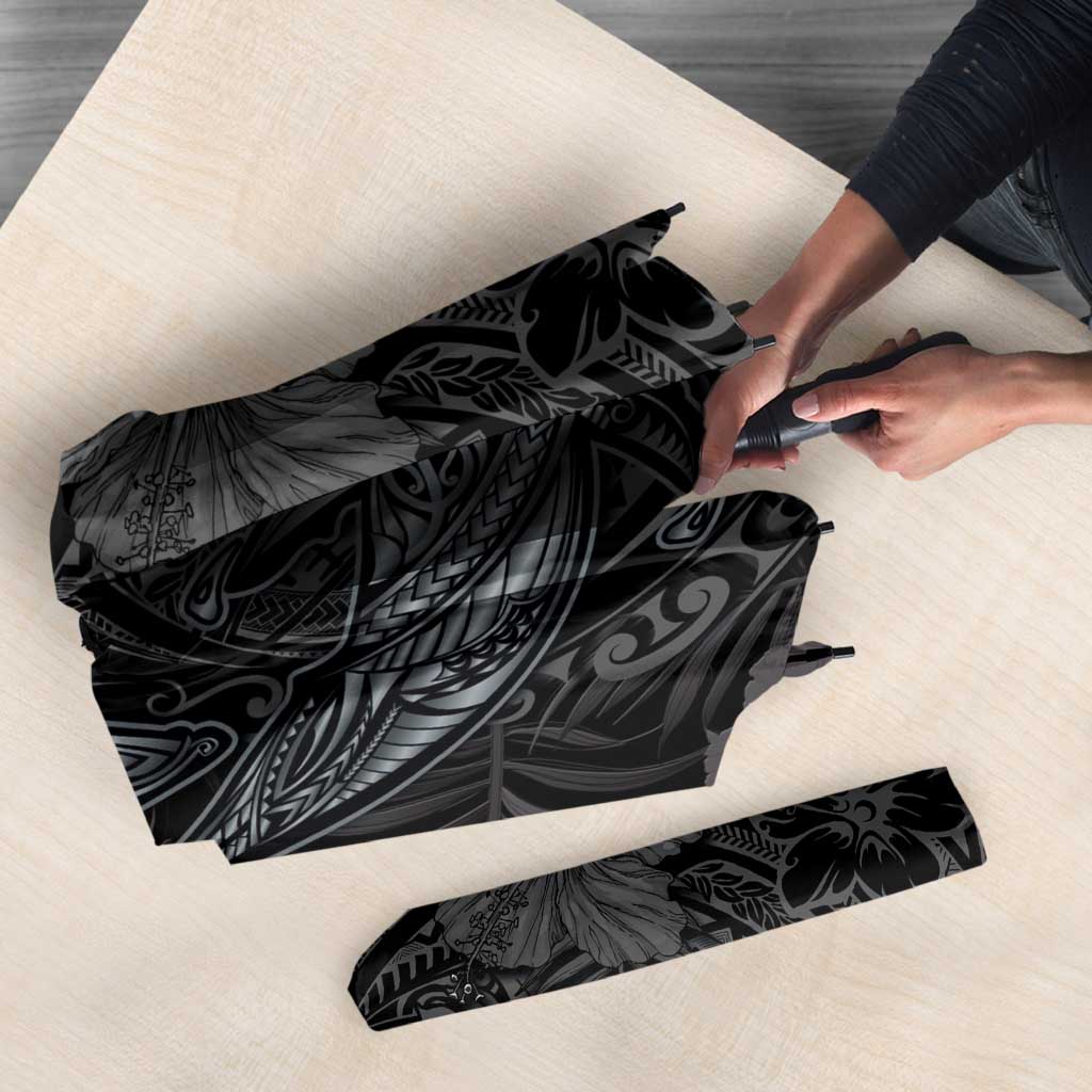 Hawaiian Tropical Plants and Tribal Whales Umbrella Polynesian Art Tattoo Grayscale