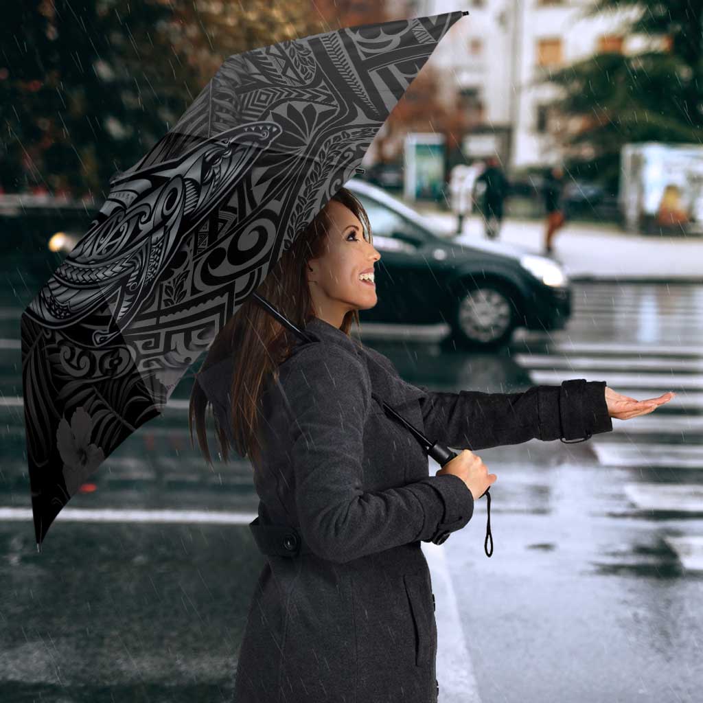 Hawaiian Tropical Plants and Tribal Whales Umbrella Polynesian Art Tattoo Grayscale