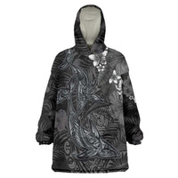 Hawaiian Tropical Plants and Tribal Whales Wearable Blanket Hoodie Polynesian Art Tattoo Grayscale LT03 One Size Black - Polynesian Pride