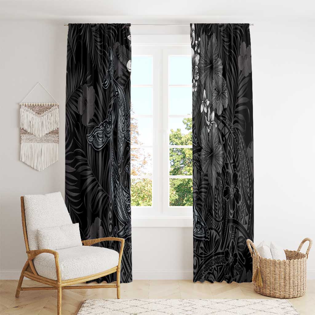 Hawaiian Tropical Plants and Tribal Whales Window Curtain Polynesian Art Tattoo Grayscale