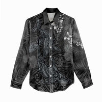 Hawaiian Tropical Plants and Tribal Whales Women Casual Shirt Polynesian Art Tattoo Grayscale