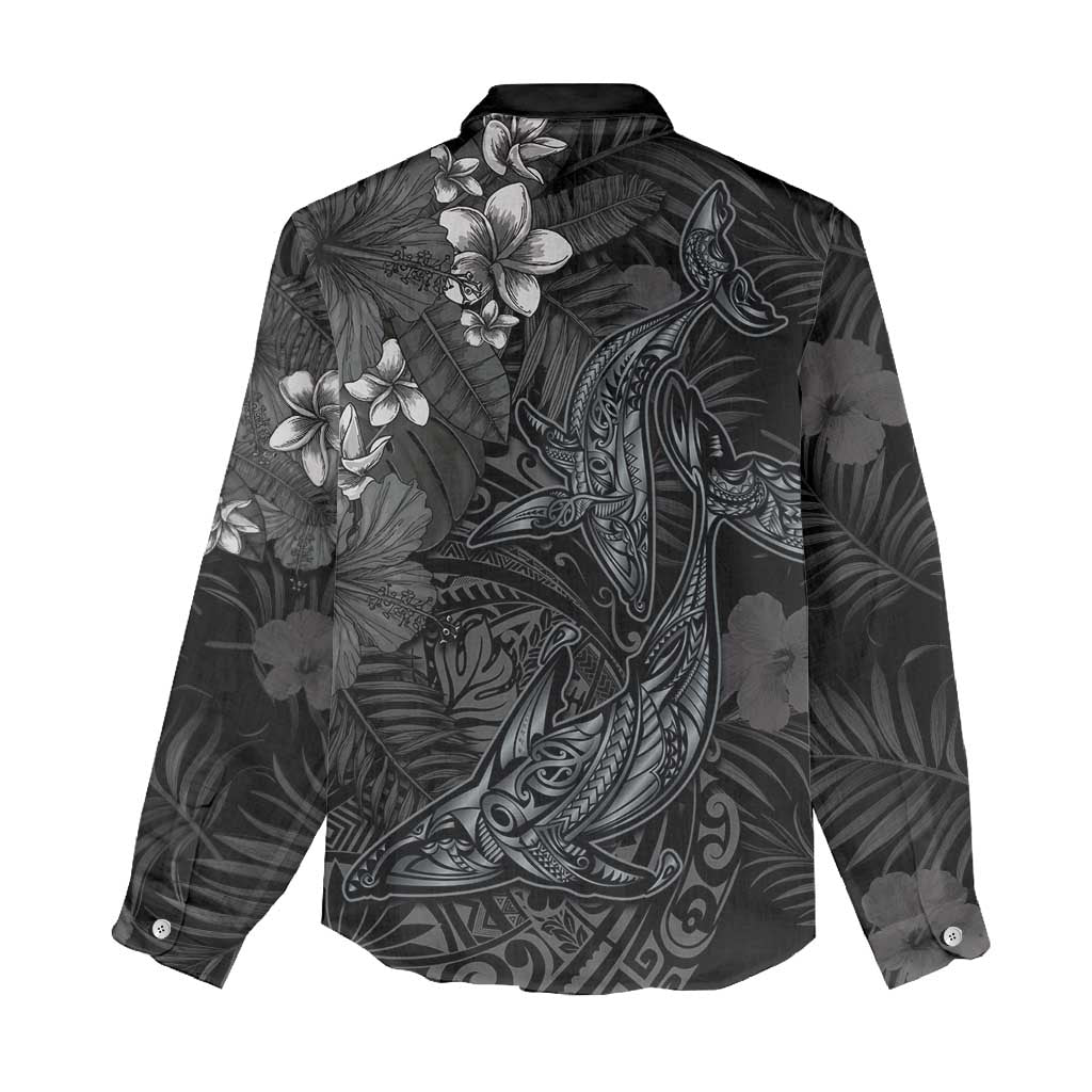 Hawaiian Tropical Plants and Tribal Whales Women Casual Shirt Polynesian Art Tattoo Grayscale