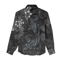 Hawaiian Tropical Plants and Tribal Whales Women Casual Shirt Polynesian Art Tattoo Grayscale