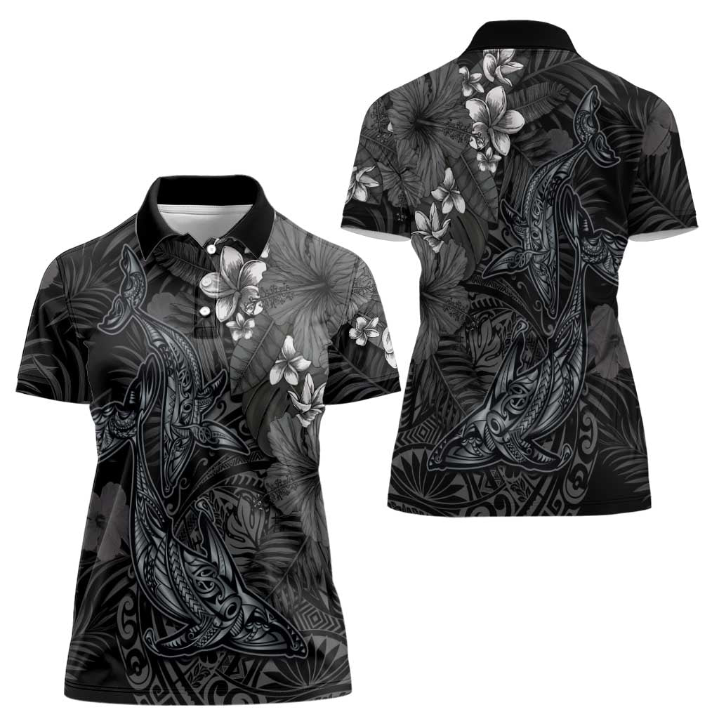 Hawaiian Tropical Plants and Tribal Whales Women Polo Shirt Polynesian Art Tattoo Grayscale