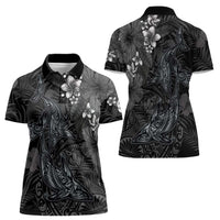 Hawaiian Tropical Plants and Tribal Whales Women Polo Shirt Polynesian Art Tattoo Grayscale