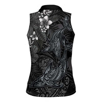 Hawaiian Tropical Plants and Tribal Whales Women Sleeveless Polo Shirt Polynesian Art Tattoo Grayscale
