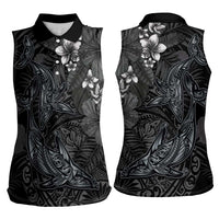 Hawaiian Tropical Plants and Tribal Whales Women Sleeveless Polo Shirt Polynesian Art Tattoo Grayscale