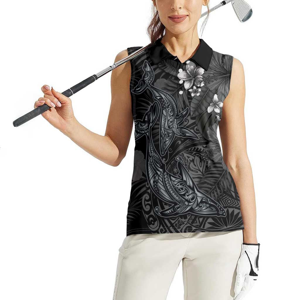 Hawaiian Tropical Plants and Tribal Whales Women Sleeveless Polo Shirt Polynesian Art Tattoo Grayscale
